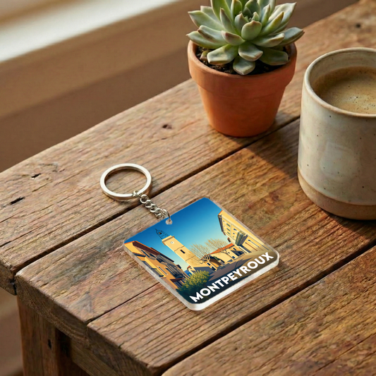 Porte-clés souvenir de la ville de Montpeyroux avec une illustration stylisée.
