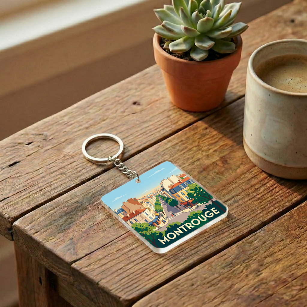 Porte-clés souvenir de la ville de Montrouge avec une illustration stylisée.