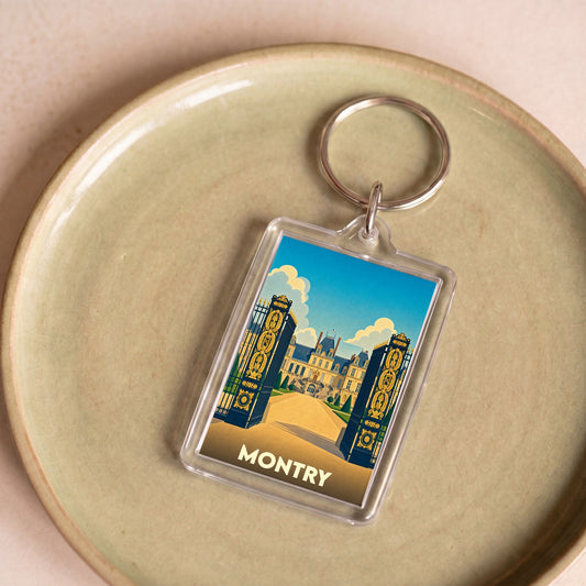 Porte-clés souvenir de la ville de Montry avec une illustration stylisée de son château.