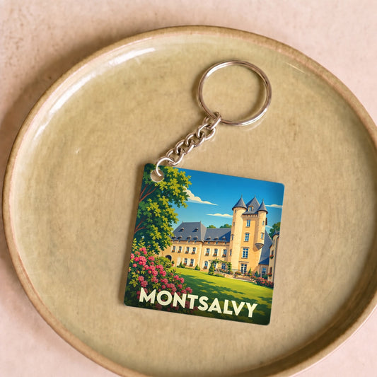 Porte-clés souvenir de la ville de Montsalvy avec une illustration stylisée de son château.
