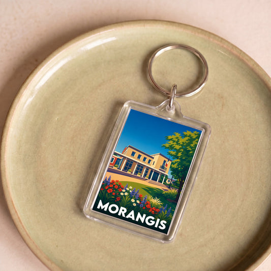 Porte-clés souvenir de la ville de Morangis avec une illustration stylisée.