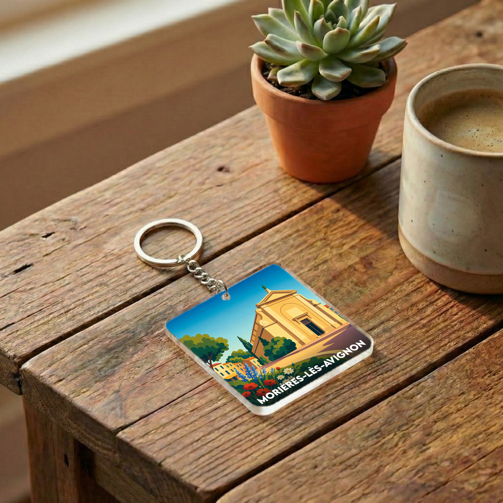 Porte-clés souvenir de la ville de Morières-lès-Avignon avec une illustration stylisée.