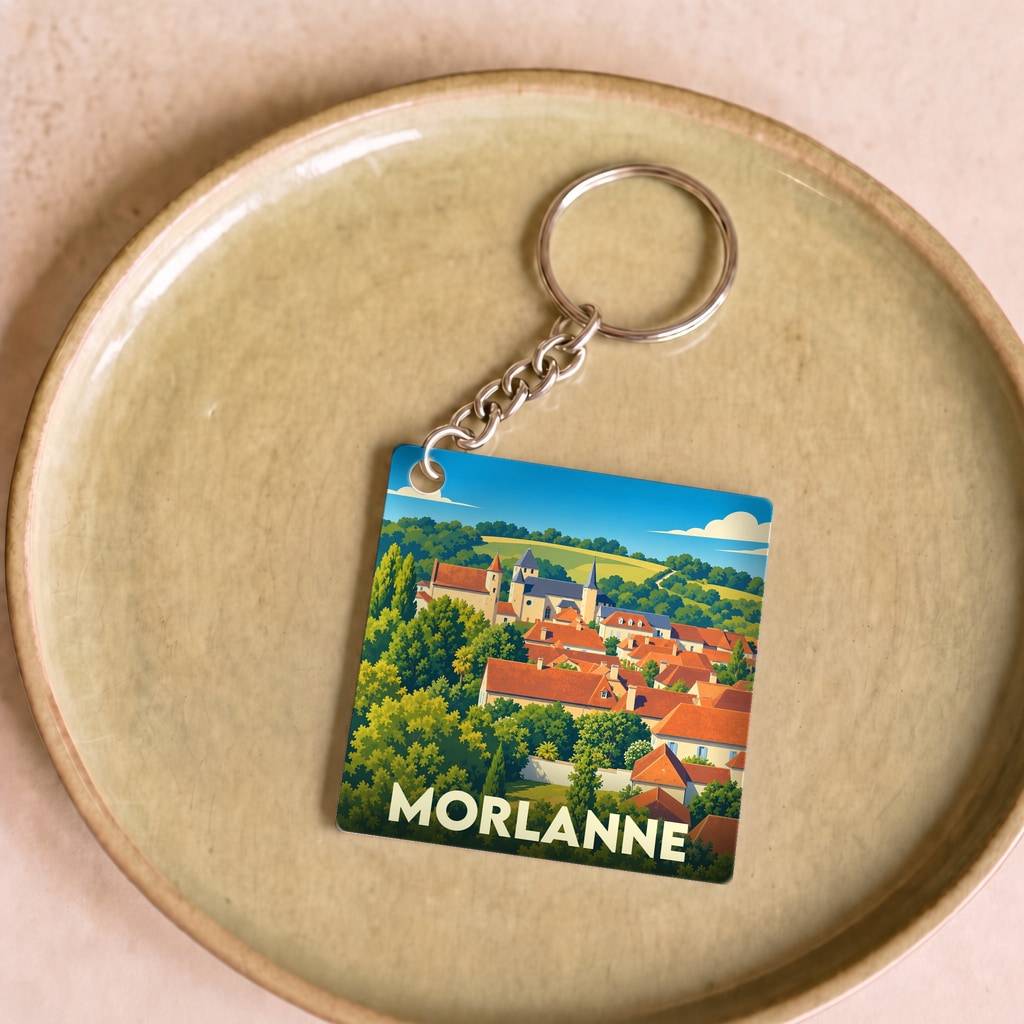 Porte-clés souvenir de la ville de Morlanne avec une illustration stylisée.