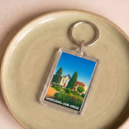Porte-clés souvenir de la ville de Morsang-sur-Orge avec une illustration stylisée.