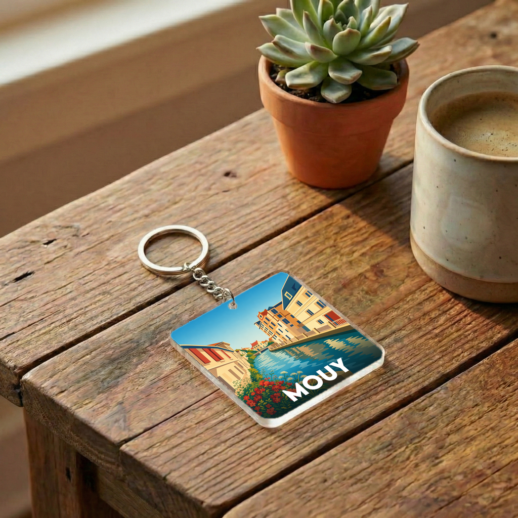 Porte-clés souvenir de la ville de Mouy avec une illustration stylisée d'un canal et de bâtiments colorés.