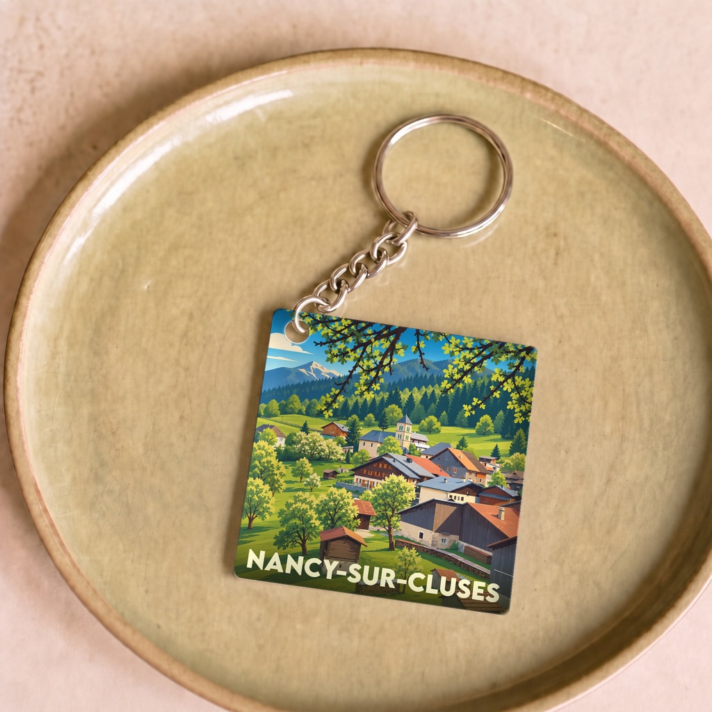 Porte-clés souvenir de Nancy-sur-Cluses avec une illustration paysagère stylisée.