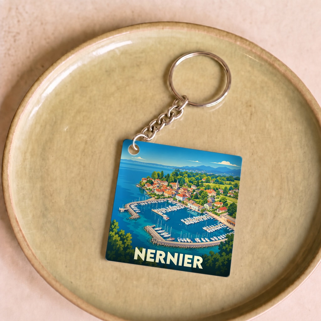 Porte-clés souvenir de la ville de Nernier illustrant son port de plaisance dans un style coloré.