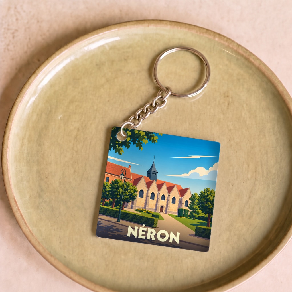 Porte-clés souvenir de la ville de Néron avec une illustration stylisée de son église.