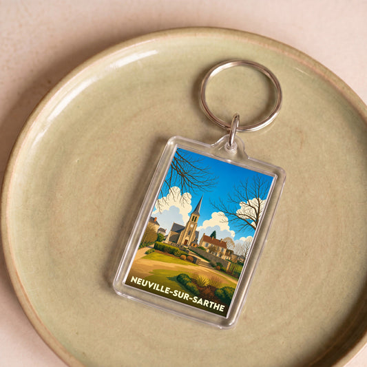 Porte-clés souvenir de la ville de Neuville-sur-Sarthe avec une illustration stylisée de son église.