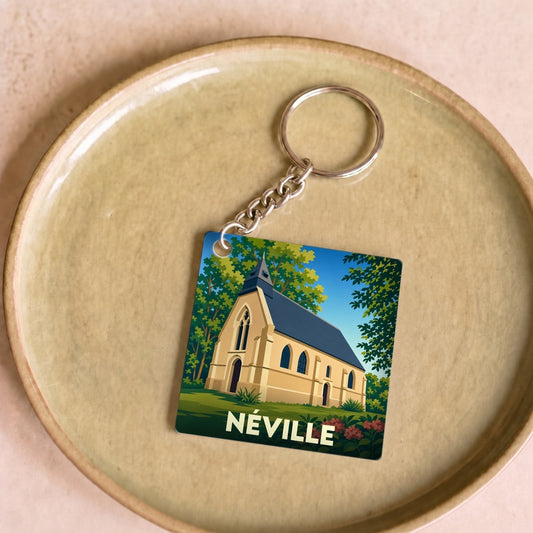 Porte-clés souvenir de la ville de Néville avec une illustration stylisée de sa chapelle.