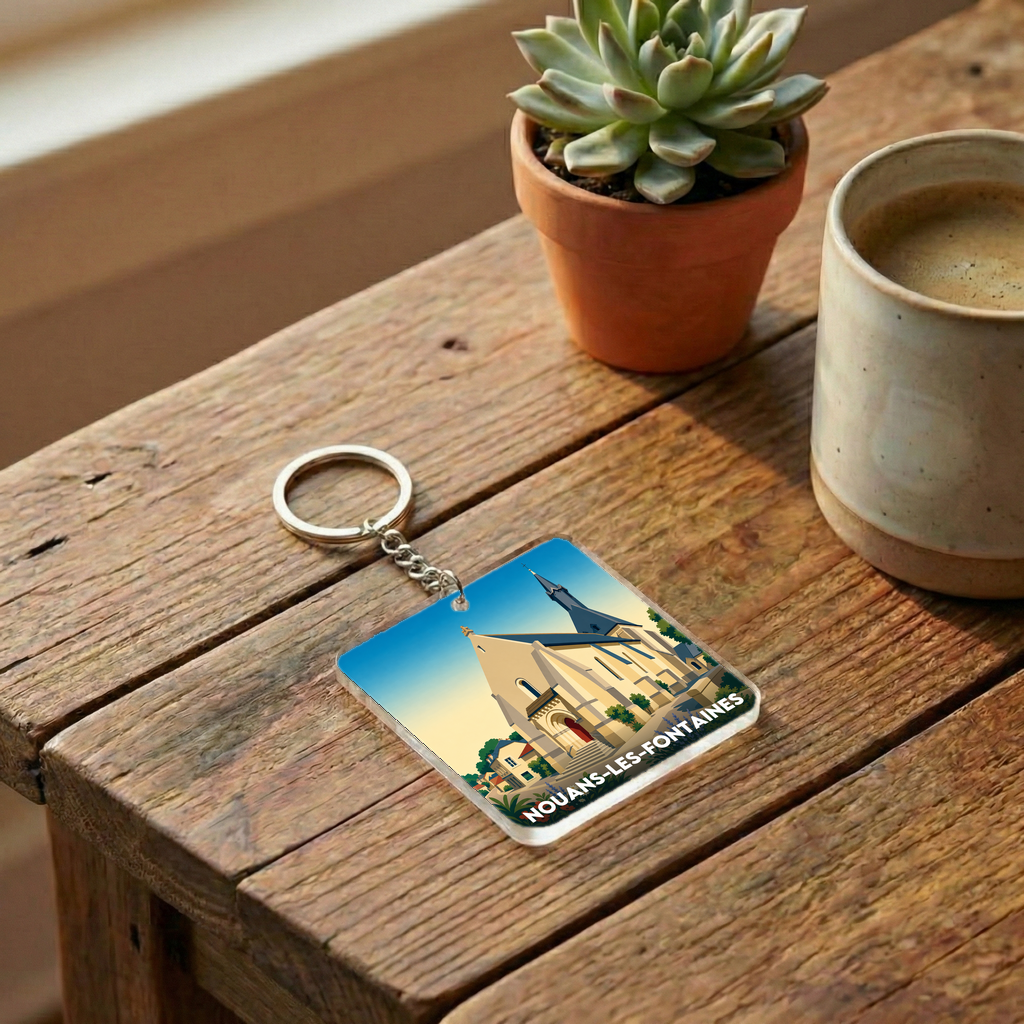 Porte-clés souvenir de la ville de Nouans-les-Fontaines avec une illustration stylisée.