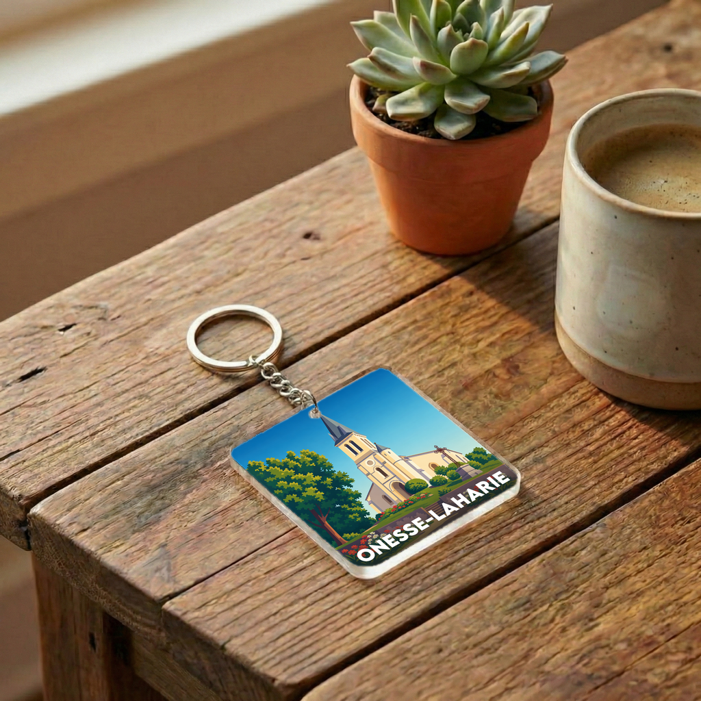Porte-clés souvenir de la ville de Onesse-Laharie avec une illustration stylisée.