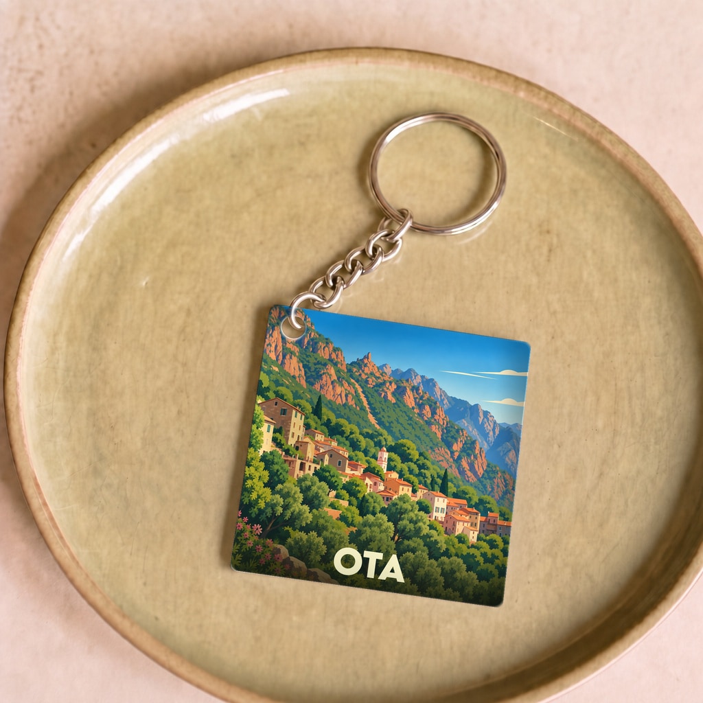 Porte-clés souvenir de la ville d'Ota illustrant un village de montagne stylisé.