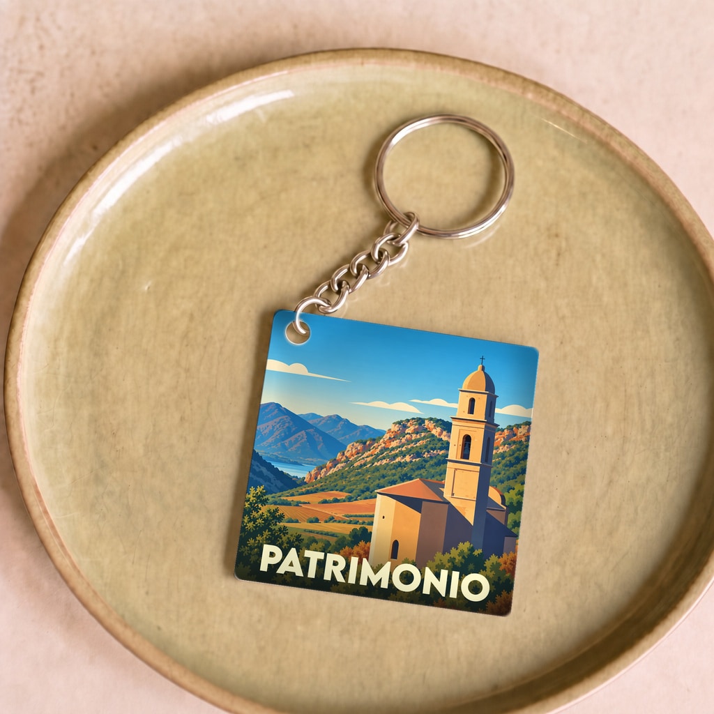 Porte-clés souvenir de la ville de Patrimonio avec une illustration stylisée de son église et des montagnes environnantes.