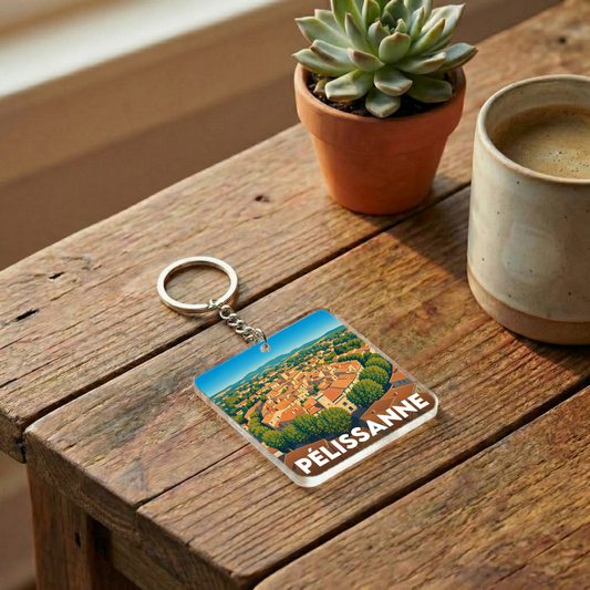Porte-clés souvenir de la ville de Pélissanne avec une illustration stylisée.