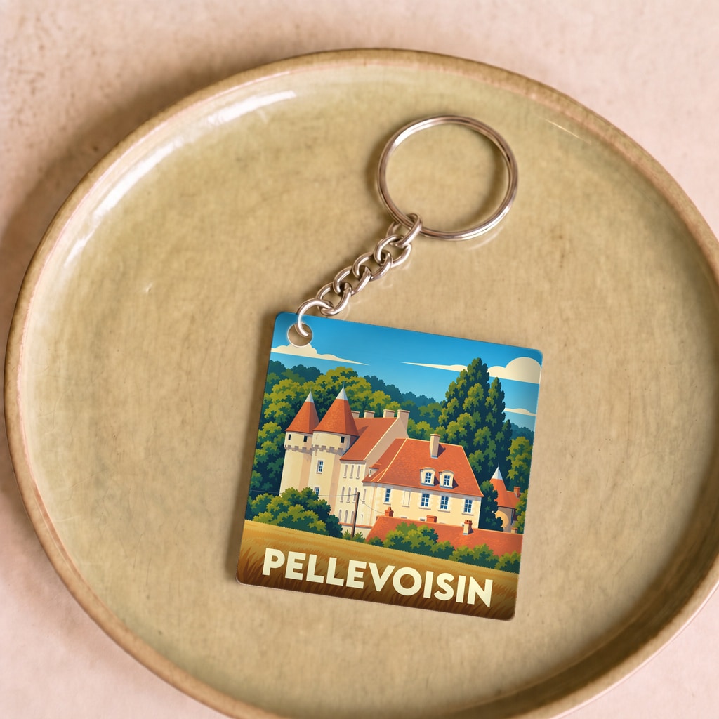 Porte-clés souvenir de la ville de Pellevoisin avec une illustration stylisée de son château.