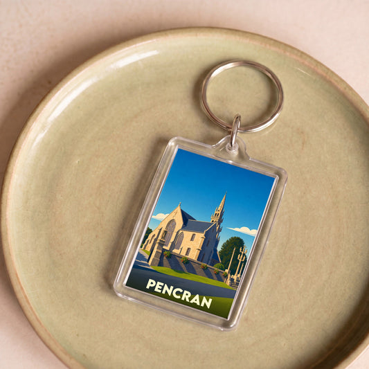 Porte-clés souvenir de la ville de Pencran avec une illustration stylisée de son église.