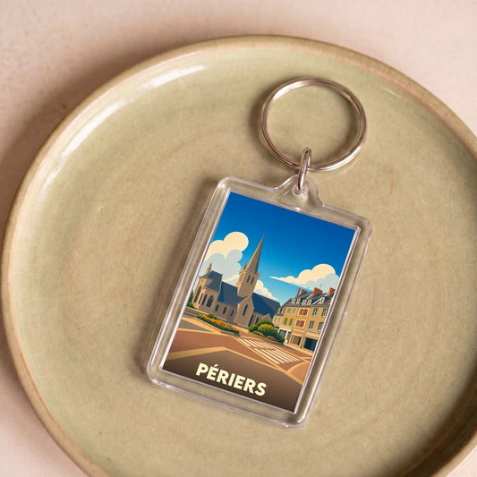 Porte-clés souvenir de la ville de Périers avec une illustration stylisée.