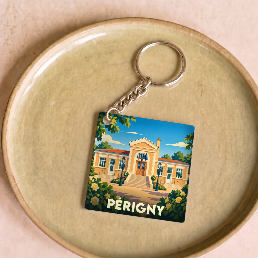 Porte-clés souvenir de la ville de Périgny avec une illustration stylisée de son hôtel de ville.