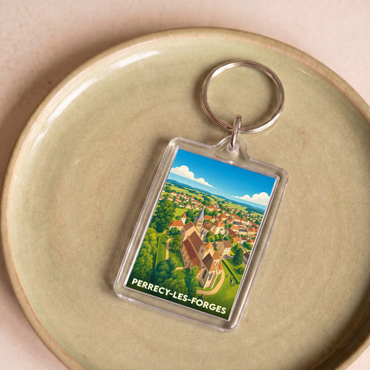 Porte-clés souvenir de la ville de Perrecy-les-Forges avec une illustration stylisée.