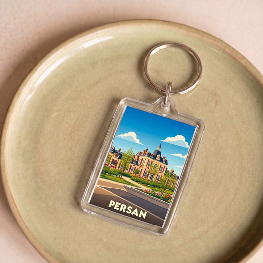 Porte-clés souvenir de la ville de Persan avec une illustration stylisée.