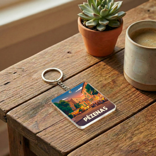 Porte-clés souvenir de la ville de Pézenas avec une illustration stylisée.