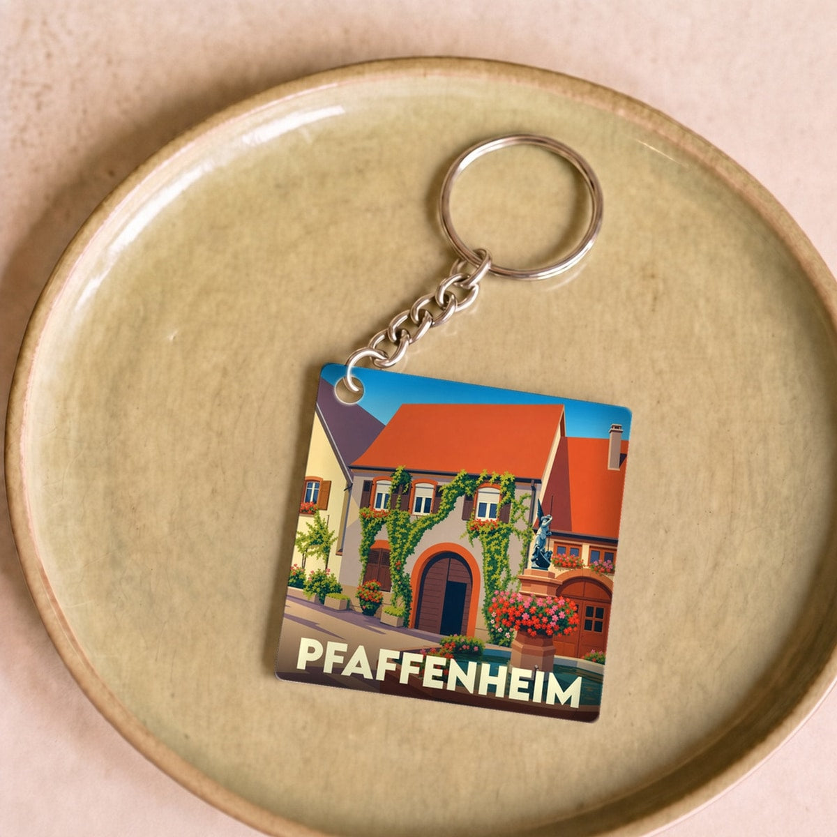Porte-clés souvenir de la ville de Pfaffenheim avec une illustration stylisée.
