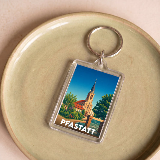 Porte-clés souvenir de la ville de Pfastatt avec une illustration stylisée de son église.
