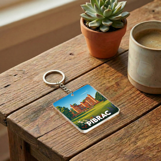 Porte-clés souvenir de la ville de Pibrac avec une illustration stylisée de son château.