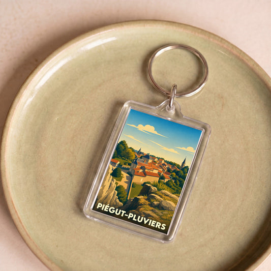Porte-clés souvenir de la ville de Piégut-Pluviers avec une illustration stylisée.