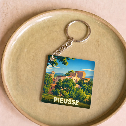 Porte-clés souvenir de la ville de Pieusse avec une illustration stylisée d'un village perché.