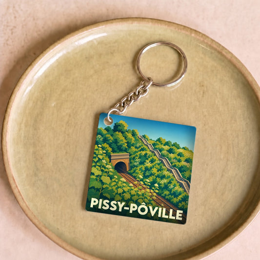 Porte-clés souvenir de la ville de Pissy-Pôville avec une illustration stylisée d'un tunnel ferroviaire dans la verdure.