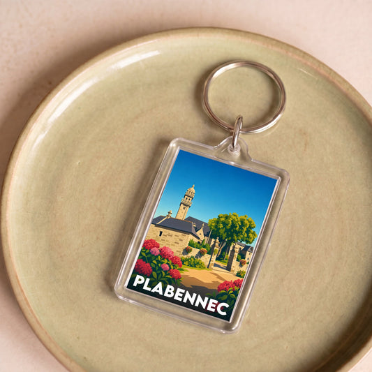 Porte-clés souvenir de la ville de Plabennec avec une illustration stylisée.