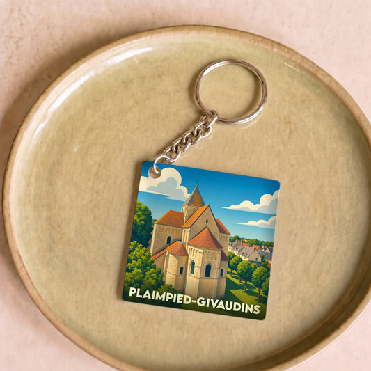 Porte-clés souvenir de la ville de Plaimpied-Givaudins avec une illustration stylisée de son église romane.