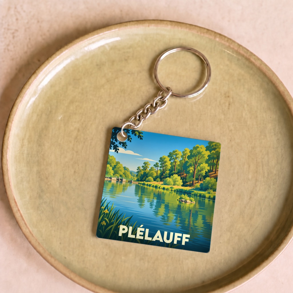 Porte-clés souvenir de la ville de Plélauff avec une illustration stylisée d'un paysage de bord de rivière.
