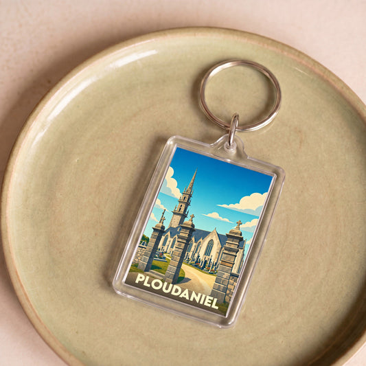 Porte-clés souvenir de la ville de Ploudaniel avec une illustration stylisée de son église.