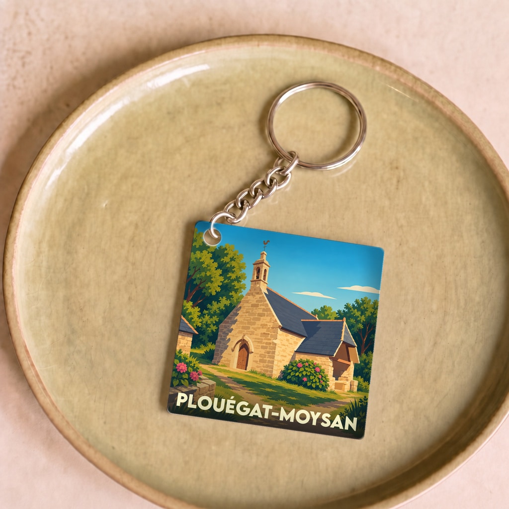 Porte-clés souvenir de la ville de Plouégat-Moysan avec une illustration stylisée d'une chapelle bretonne.