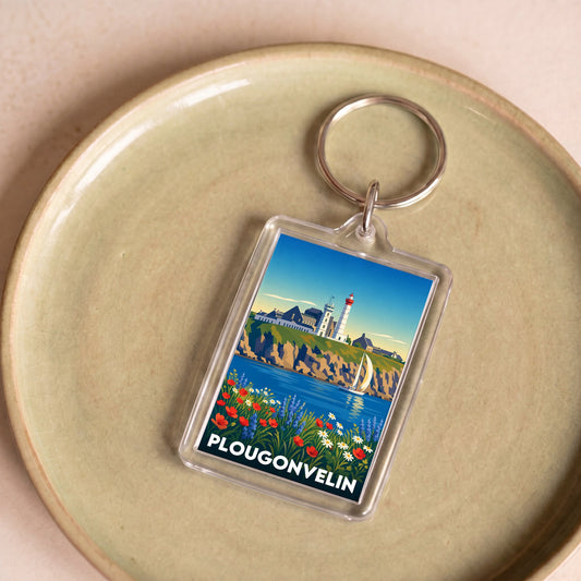 Porte-clés souvenir de la ville de Plougonvelin avec une illustration stylisée de son paysage côtier.