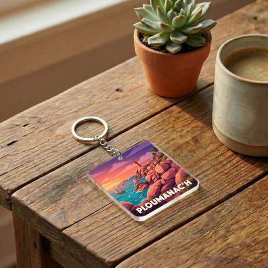Porte-clés souvenir de la ville de Ploumanac'h avec une illustration stylisée.