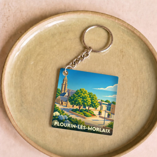 Porte-clés souvenir de la ville de Plourin-lès-Morlaix avec une illustration stylisée.