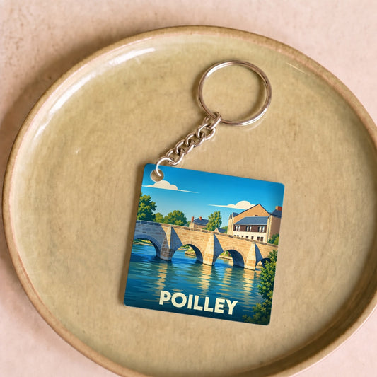 Porte-clés souvenir de la ville de Poilley avec une illustration stylisée de son pont.