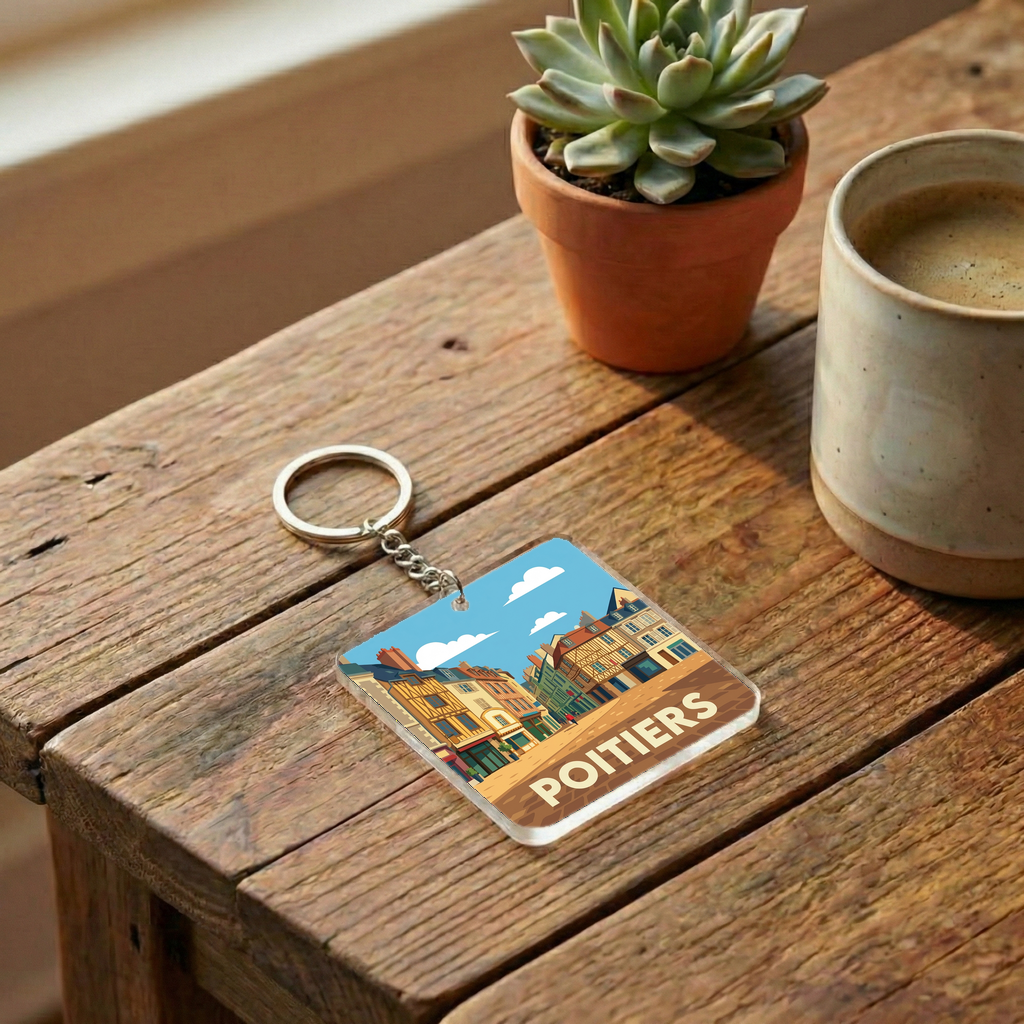 Porte-clés souvenir de la ville de Poitiers avec une illustration stylisée.