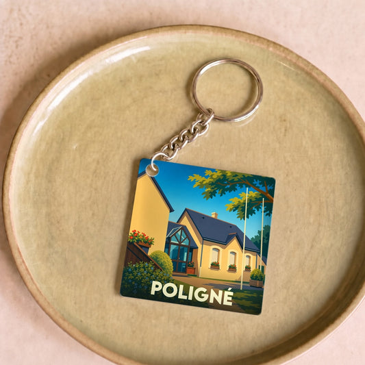 Porte-clés souvenir de la ville de Poligné avec une illustration stylisée.