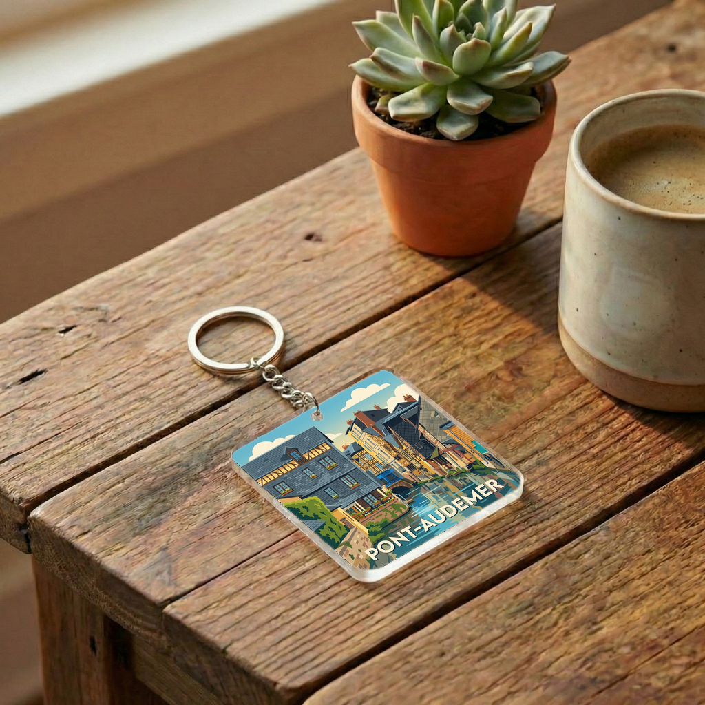 Porte-clés souvenir de la ville de Pont-Audemer avec une illustration stylisée.