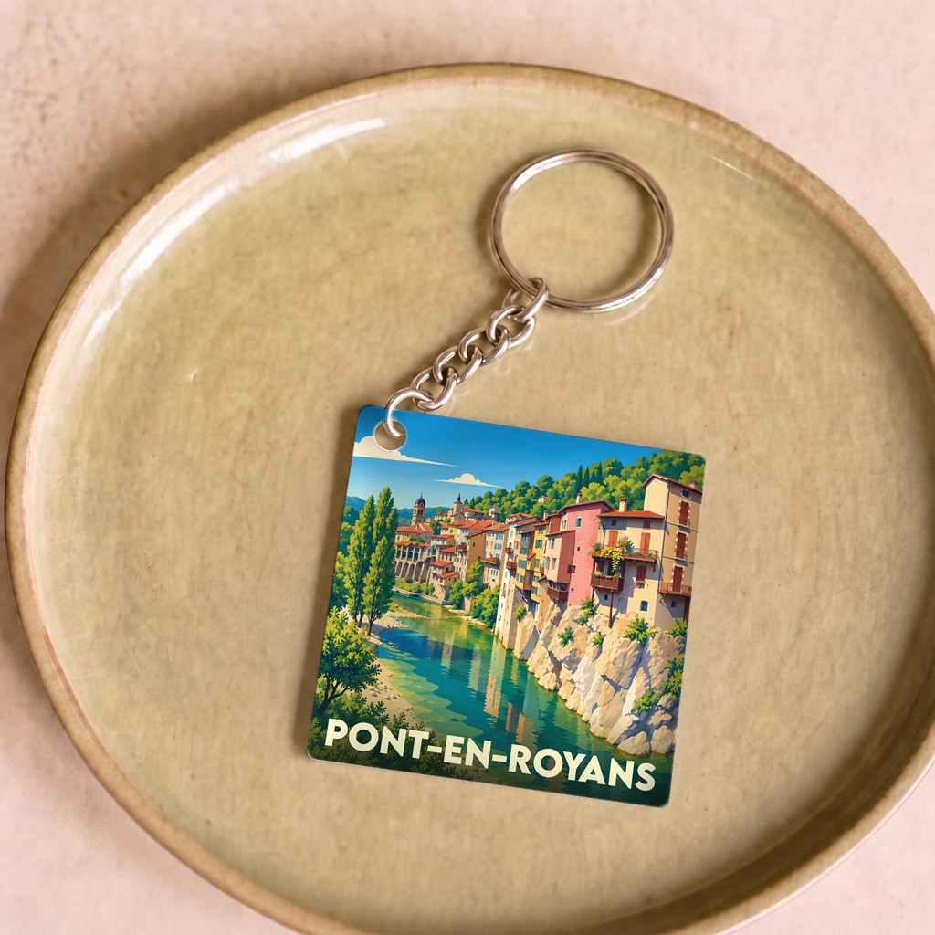 Porte-clés souvenir de la ville de Pont-en-Royans avec une illustration colorée et stylisée de ses maisons suspendues au bord de l'eau.