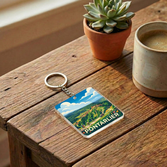 Porte-clés souvenir de la ville de Pontarlier avec une illustration de paysage stylisée.