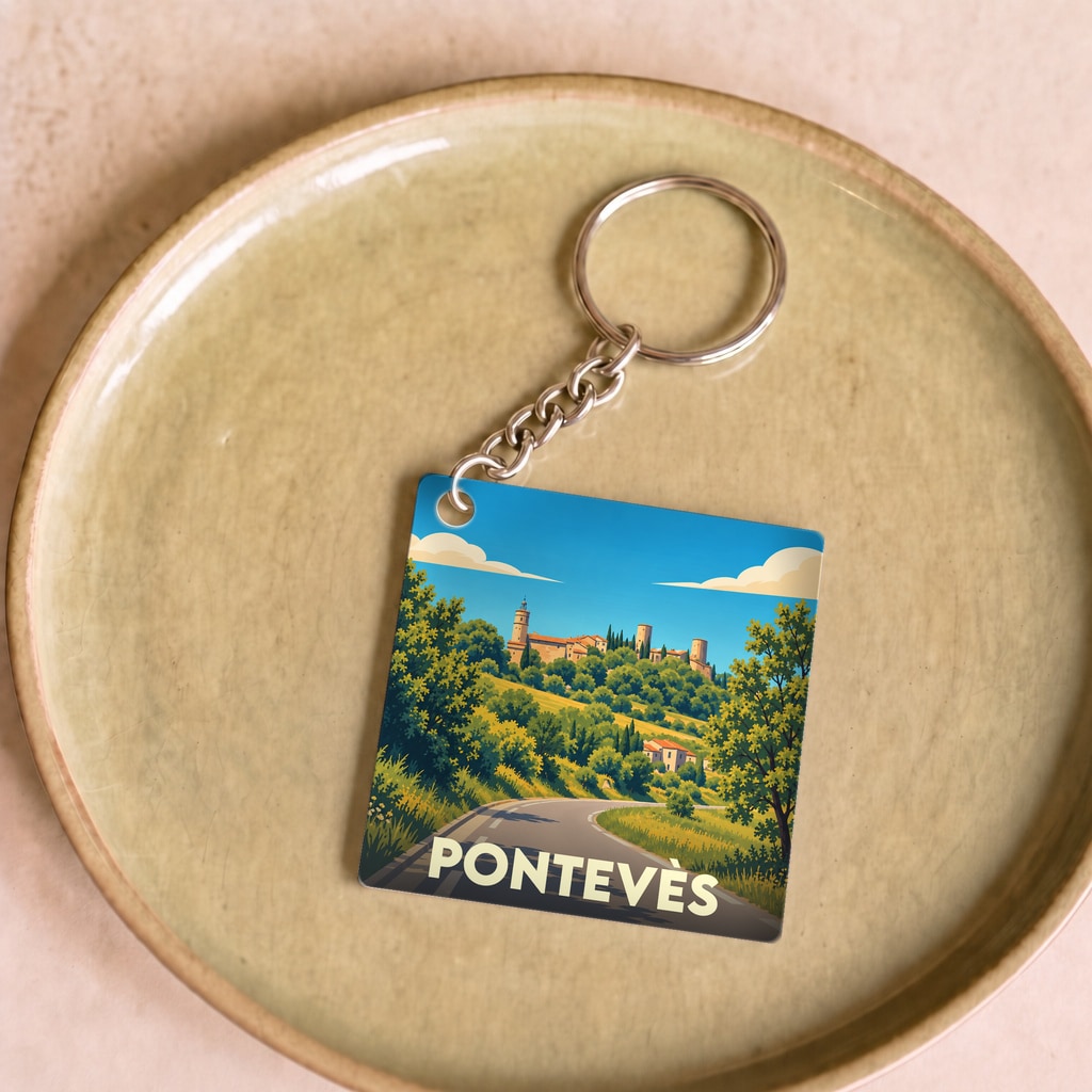 Porte-clés souvenir de la ville de Pontevès avec une illustration stylisée de son paysage provençal.