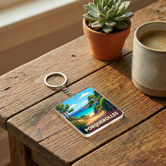Porte-clés souvenir de la ville de Porquerolles avec une illustration stylisée.