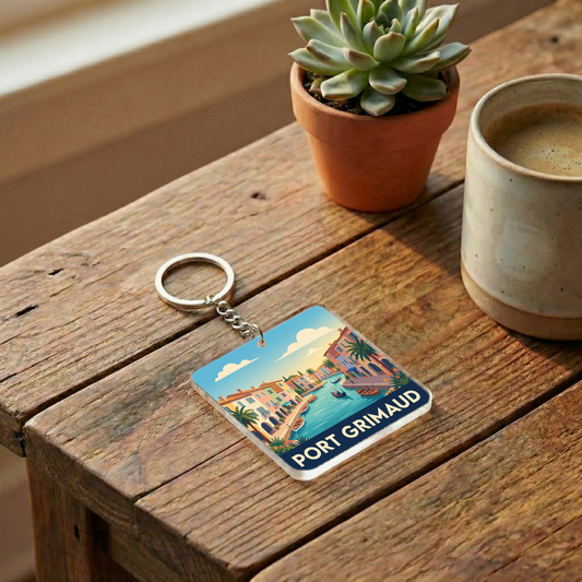 Porte-clés souvenir de la ville de Port Grimaud avec une illustration stylisée.