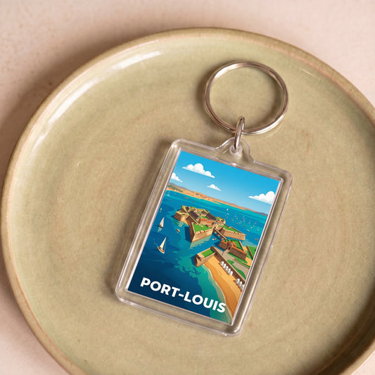 Porte-clés souvenir de la ville de Port-Louis avec une illustration stylisée.